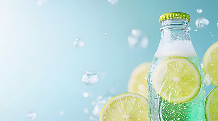 Chilled carbonated drink in a glass bottle with floating lemon slices and water splashes. Use this image for refreshment campaigns, soft drink branding, or cooling summer visuals. Selective focus