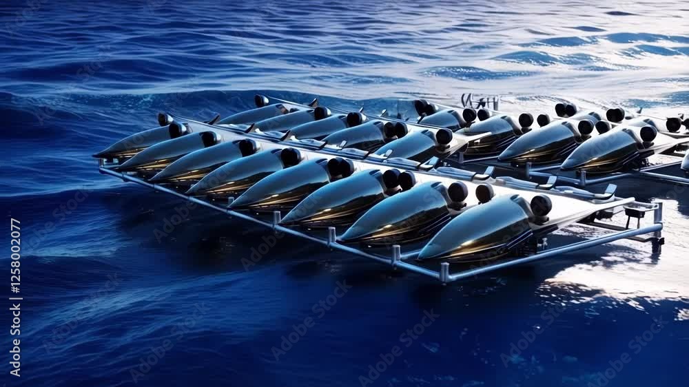 Aufkleber metallic robotic fish, neatly arranged on a floating platform, navigate the undulating ocean current