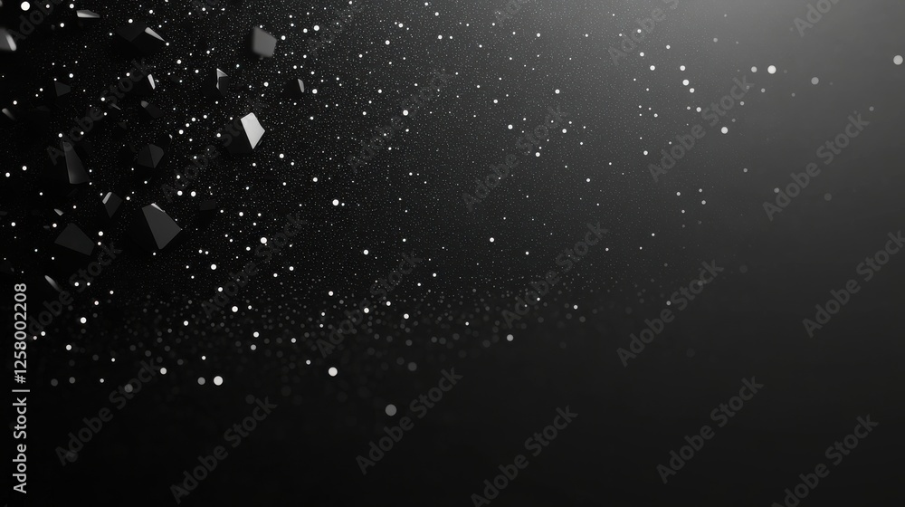 Poster dynamic visual of scattered particles, perfect for backgrounds or abstract designs, evoking a sense 