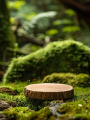 Natural Wood Slice on Green Moss Background in Serene Forest Setting