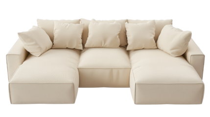 Elegant beige sectional sofa with soft cushions on a white isolate background.