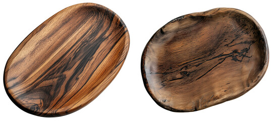Unique wooden serving platters with rich grain and texture, isolated on transparent background.