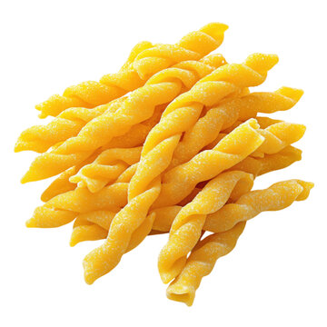 Pile of golden-yellow strozzapreti pasta, hand-rolled and twisted, isolated on a white background.
