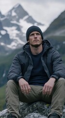 Elegant Hiker resting on a rock wearing a breathable navy wool mesh base layer under a windbreaker with mountain peaks in the distance adventure ready attire 