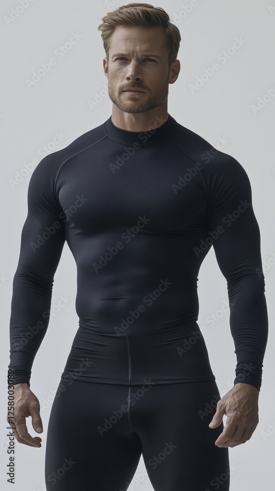 Poster elegant isolated black long sleeve wool mesh base layer displayed with visible stitching detail and 
