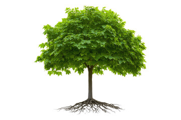 Lush maple tree with vibrant green leaves and complex roots extending downwards isolated on white or transparent, PNG