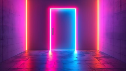 Holographic led laser door framed by abstract neon shapes, creating an entrancing entrance to a virtual realm.