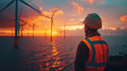 Fototapeta premium Worker Observing Sunset Over Wind Turbines at Offshore Site