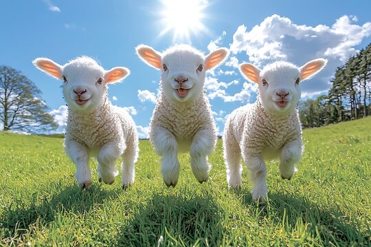 Playful lamb jumping in a green field under a bright blue sky with fluffy clouds