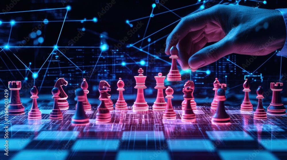 Poster futuristic chess game with digital overlay and neon color scheme