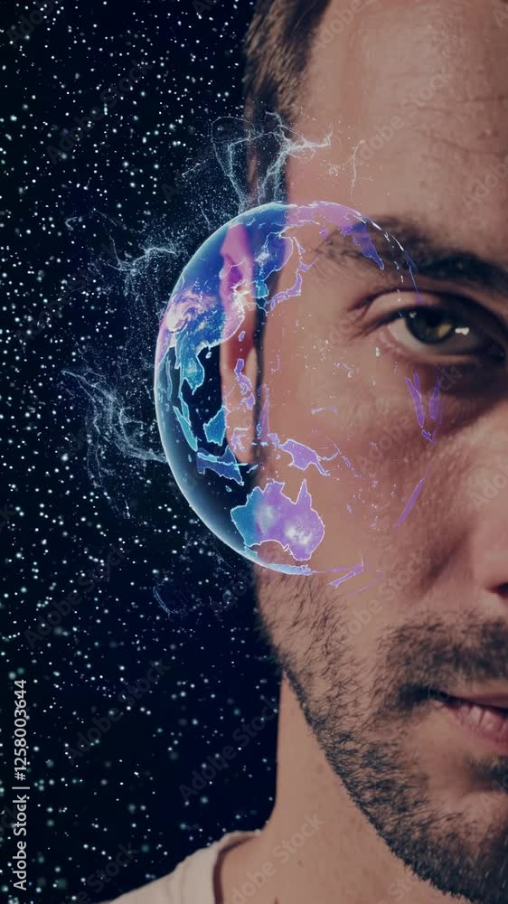 Poster a man's face merging with planet earth, surrounded by drifting nebula clouds and distant stars, crea