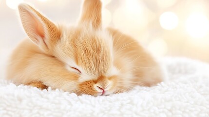 Adorable Orange Bunny Rabbit Curled Up Sleeping on a White Fluffy Blanket Background Bokeh Lights