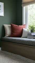 Elegant Maximalist reading nook with vibrant patterned cushions stacked books plush throws and colorful art set against a deep green wall cozy retreat 