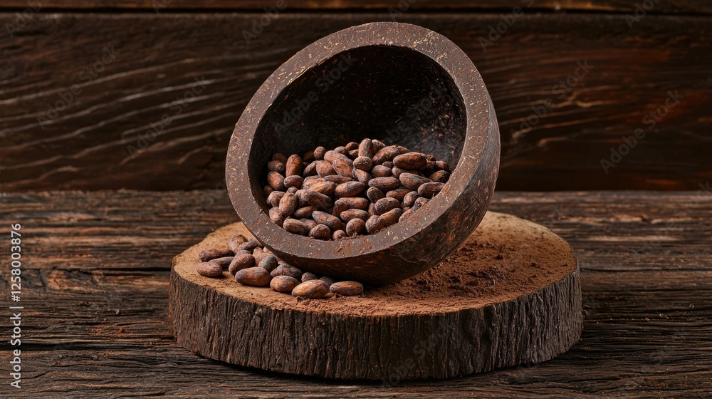 Aufkleber cocoa beans in rustic bowl on wooden surface with dark background