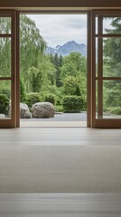 Elegant Minimalist Japanese style meditation room with tatami mats sliding wooden doors and a small rock garden visible through an open window peaceful Zen setting 
