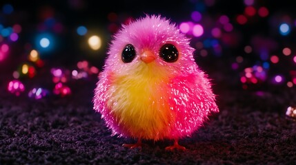 Adorable Pink Fluffy Chick Standing on a Dark Surface with Blurred Colorful Background Lights