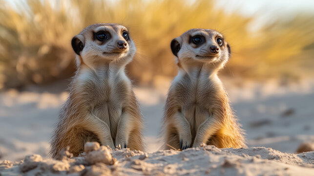 Two curious meerkats are standing upright in the arid African desert, intently observing their surroundings against a backdrop of dried grass