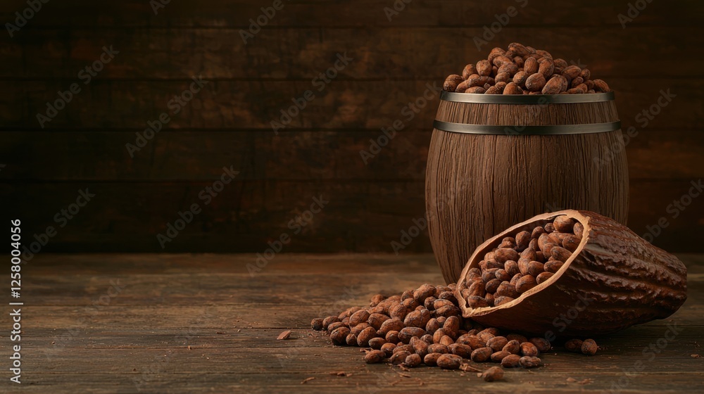 Aufkleber cocoa beans in wooden barrel on rustic table background