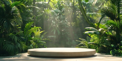 Serene Jungle Platform Surrounded By Lush Greenery and Light Rays