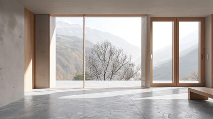 Fototapeta premium Minimalist Interior Design with Mountain View in Modern Home
