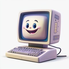 Cute and Happy Cartoon Computer with Smiling Face on White Background, Ideal for Illustrations Related to Technology and Digital Themes