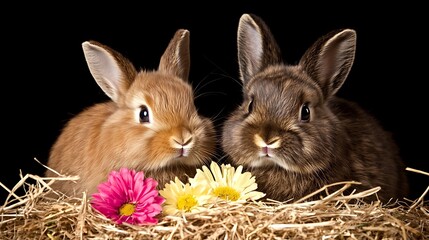 Adorable Rabbits with Flowers in a Nest of Straw Portrait Cute Bunny Duo Harmony and Springtime