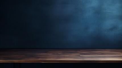 Empty Dark Wooden Table Against a Deep Blue Background