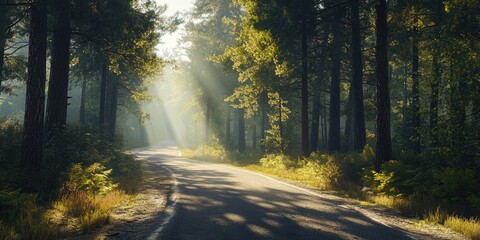 Obraz premium Country road lined with green trees. Shadowy sunbeams pierce through the canopy, illuminating a path to travel.