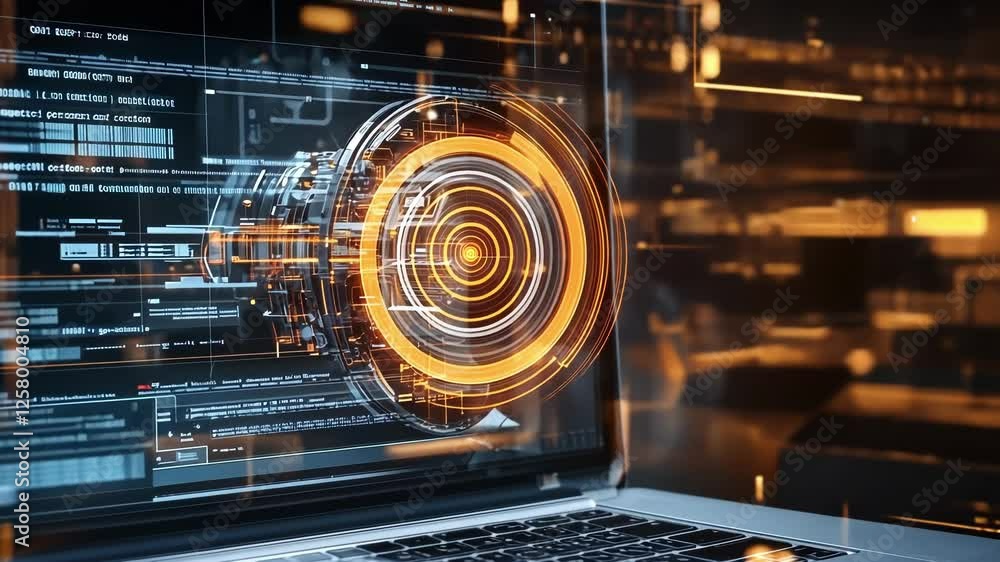 Poster complex futuristic engine design unfolding on a laptop screen, featuring intricate coding and progra