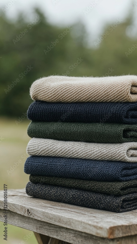 Poster elegant stack of wool mesh base layer tops in earthy tones