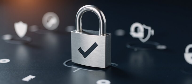 Conceptual illustration featuring a padlock icon with a checkmark symbol to represent website and internet security cyber defense private protection and data encryption