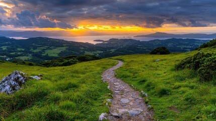 Scenic mountain path at sunset over valley