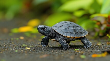 Obraz premium Baby turtle walking on dark ground, lush green background; nature, wildlife