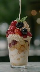 Elegant Traditional Filipino dessert halo halo being prepared with evaporated milk poured over shaved ice fruits and jelly summer treat 