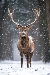 a stag standing tall in a peaceful snowy forest, with soft snowflakes drifting down, creating a magical winter atmosphere in the forest's quiet embrace