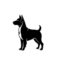 Black silhouette of a dog standing in profile on a white background, showing a minimalist aesthetic.