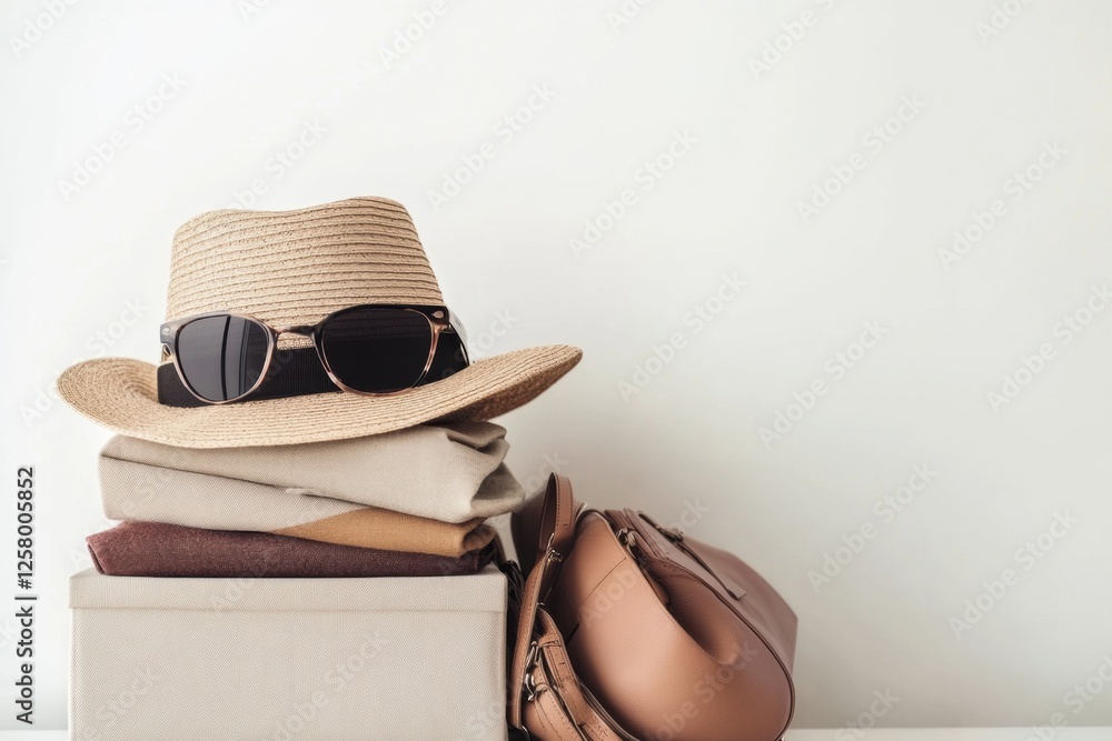 Poster stylish accessories arranged in boxes and on a minimalist surface for a sophisticated display of fas
