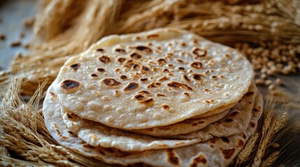 Piles of Indian flatbread like roti or naan bread on top of wheat grains, highlighting a common and healthy cooking ingredient in various cuisines.