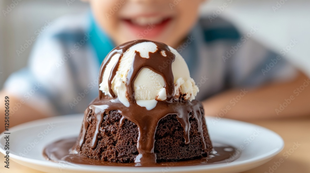 Aufkleber plus size child enjoying a warm chocolate cake topped with melting ice cream while sitting on a rust