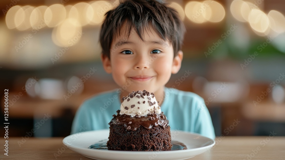 Poster plus size child enjoying a warm chocolate cake topped with melting ice cream while sitting on a rust