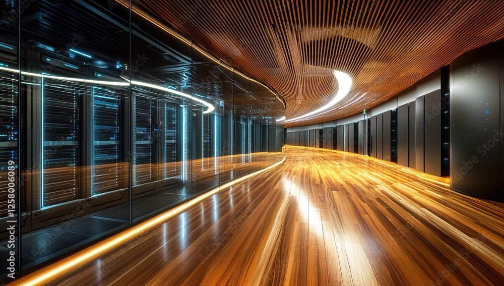 Poster exploring modern data center architecture: server room design with illuminated wooden floors and cur
