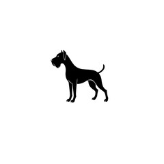Black Silhouette of a Giant Schnauzer Dog in Profile Against White Background.