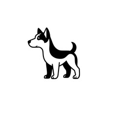 Minimalist Illustration of a standing dog with a white coat and black patches.
