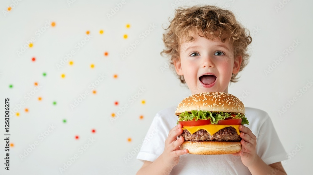 Poster plus size child holding a stacked burger isolated on a white background colorful ingredients spillin