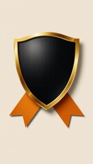 Ornate black-and-gold emblem with an orange ribbon ideal for security protection awards Vector design