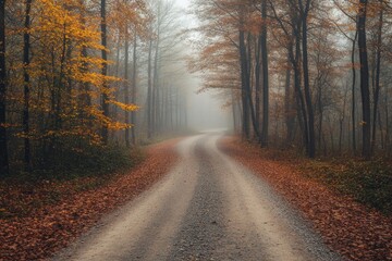 Obraz premium Aerial view of a forest road in autumn, with foggy weather and a grey sky. Captured using drone photography