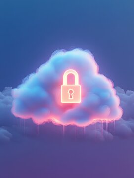 Abstract illustration of cloud security services, stylized cloud icon integrated with a secure padlock symbol, representing data protection and cybersecurity in cloud computing environments.