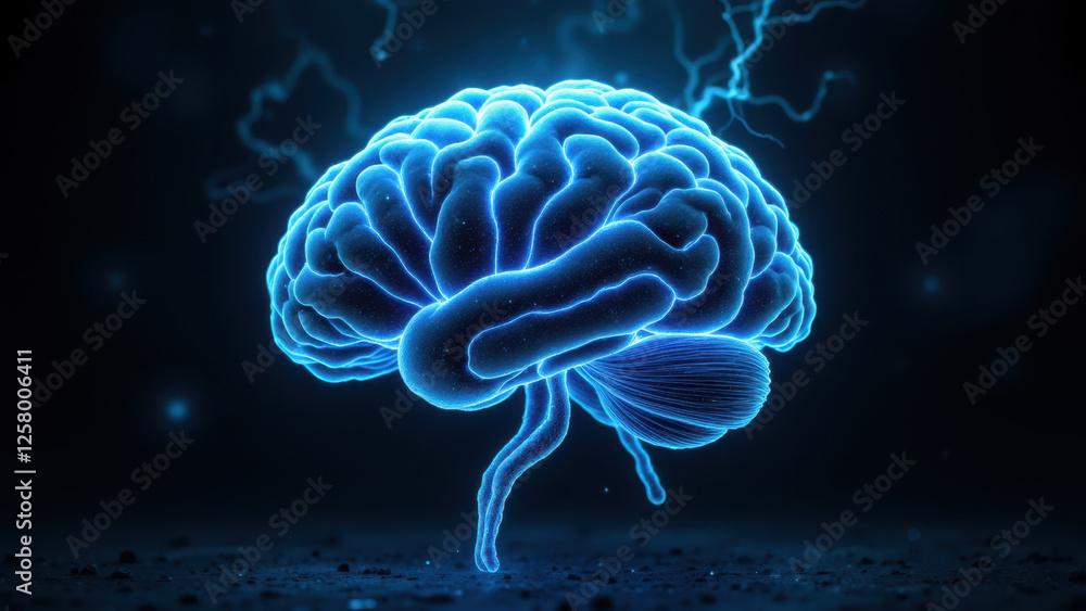 Poster an illustration of a human brain with glowing blue circuit-like patterns, symbolizing artificial int