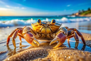 Fototapeta premium Close-up of Crab on Sandy Beach, Watching the Ocean