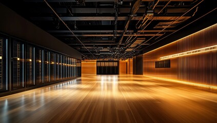 Exploring a Modern Building's Interior:  Elegant Wood Floors, Warm Lighting, and Sleek Server Room Design, Showcasing Architectural Excellence.